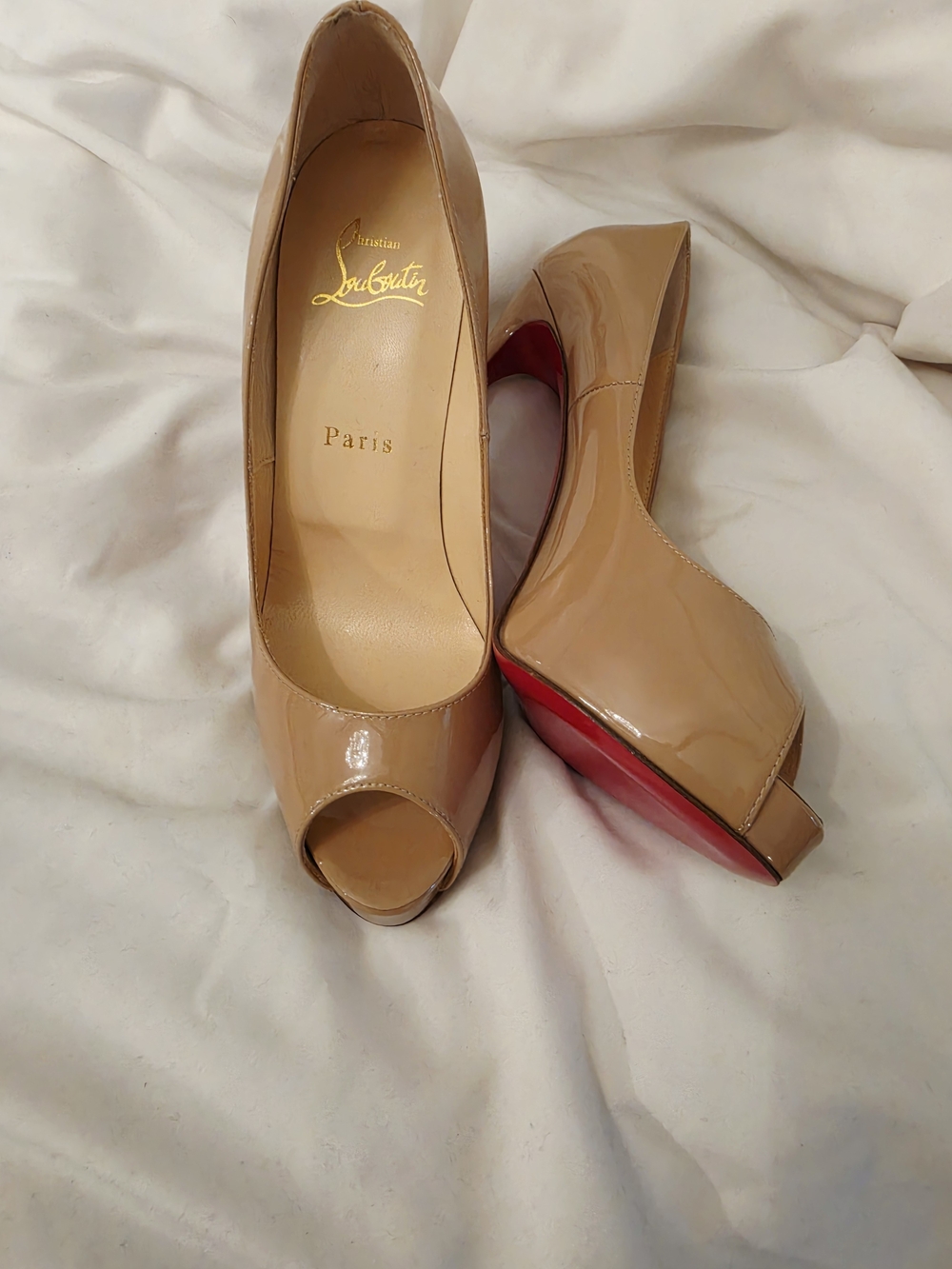 Christian Louboutin Nude Patent Peep-Toe Pumps with Red Sole